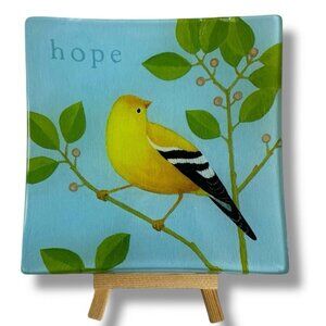 Grasslands Road Yellow Bird Glass Plate Hand Crafted Reverse Painted Blue 5.75”